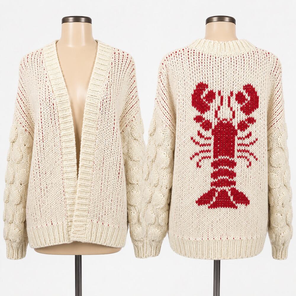 Bailey Rose Lobster Chunky Knit Cardigan Sweater Women's M Cream Red Open Front